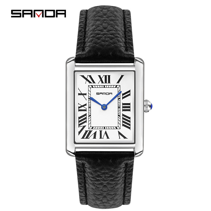 SANDA Fashion Square Roman Numerals Couple Quartz Watch Waterproof Wristwatch for Men and Women