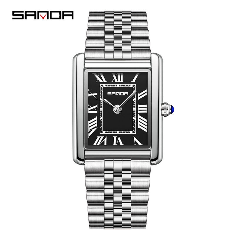 SANDA Fashion Square Roman Numerals Couple Quartz Watch Waterproof Wristwatch for Men and Women