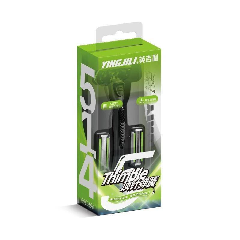 English manual safety razor for men with 5-blade system, classic non-electric shaving set with foam and shaving cream