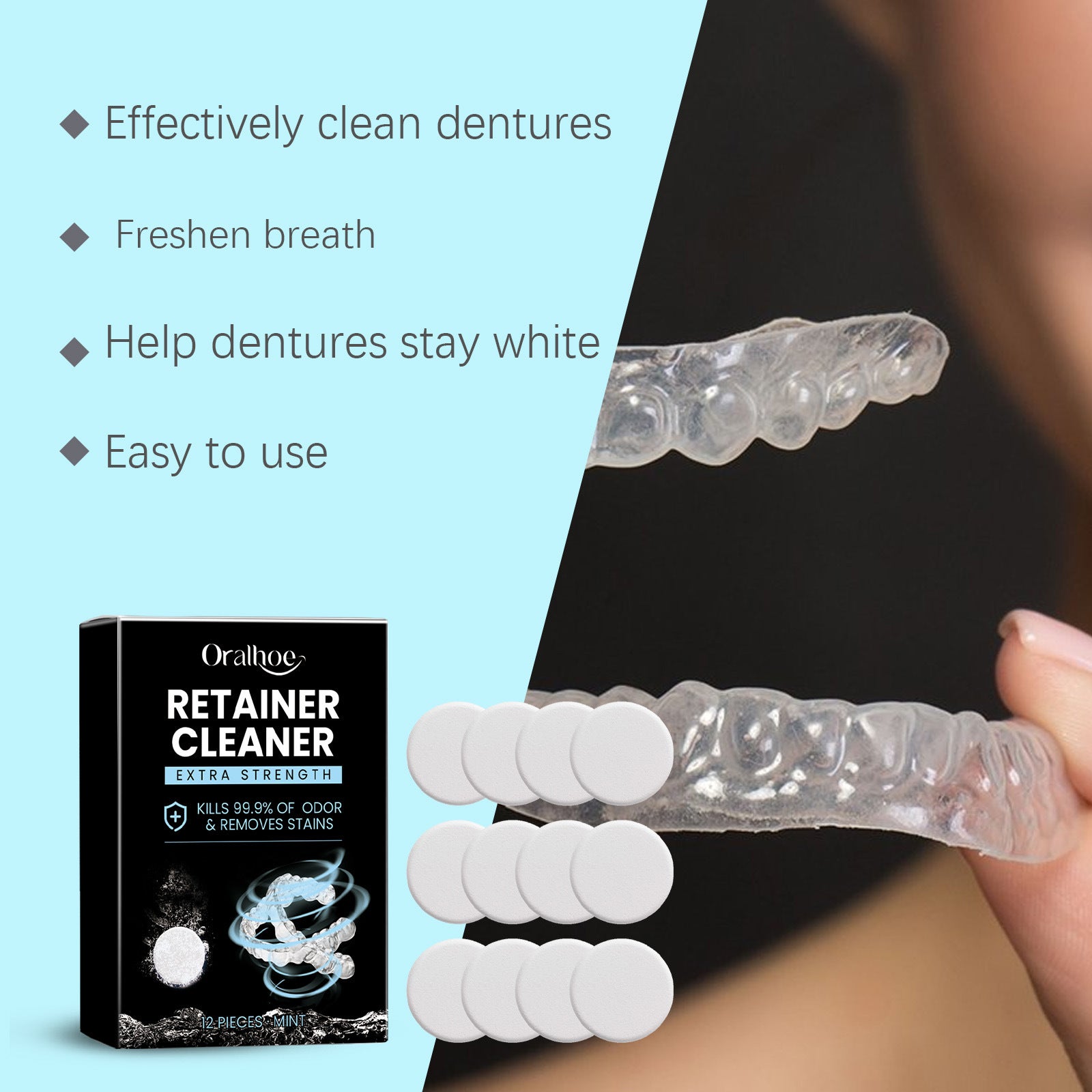 ORALHOE Denture Retainer Cleaning Tablets, Oral Freshening Teeth Cleaner for Dentures and Retainers, Care and Deodorizing Tablets
