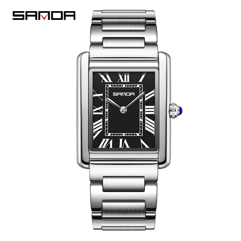 SANDA Fashion Square Roman Numerals Couple Quartz Watch Waterproof Wristwatch for Men and Women