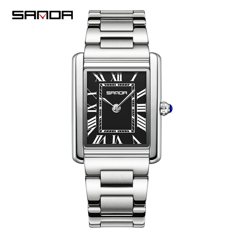 SANDA Fashion Square Roman Numerals Couple Quartz Watch Waterproof Wristwatch for Men and Women