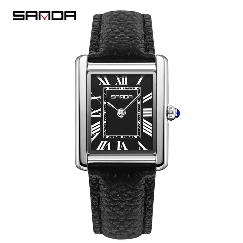 SANDA Fashion Square Roman Numerals Couple Quartz Watch Waterproof Wristwatch for Men and Women