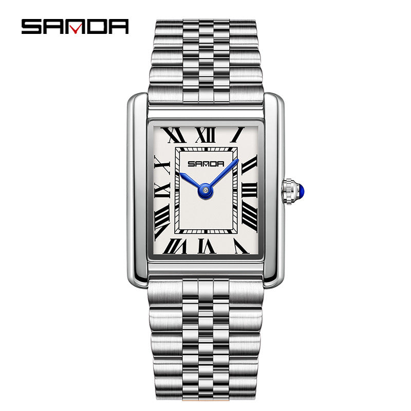 SANDA Fashion Square Roman Numerals Couple Quartz Watch Waterproof Wristwatch for Men and Women