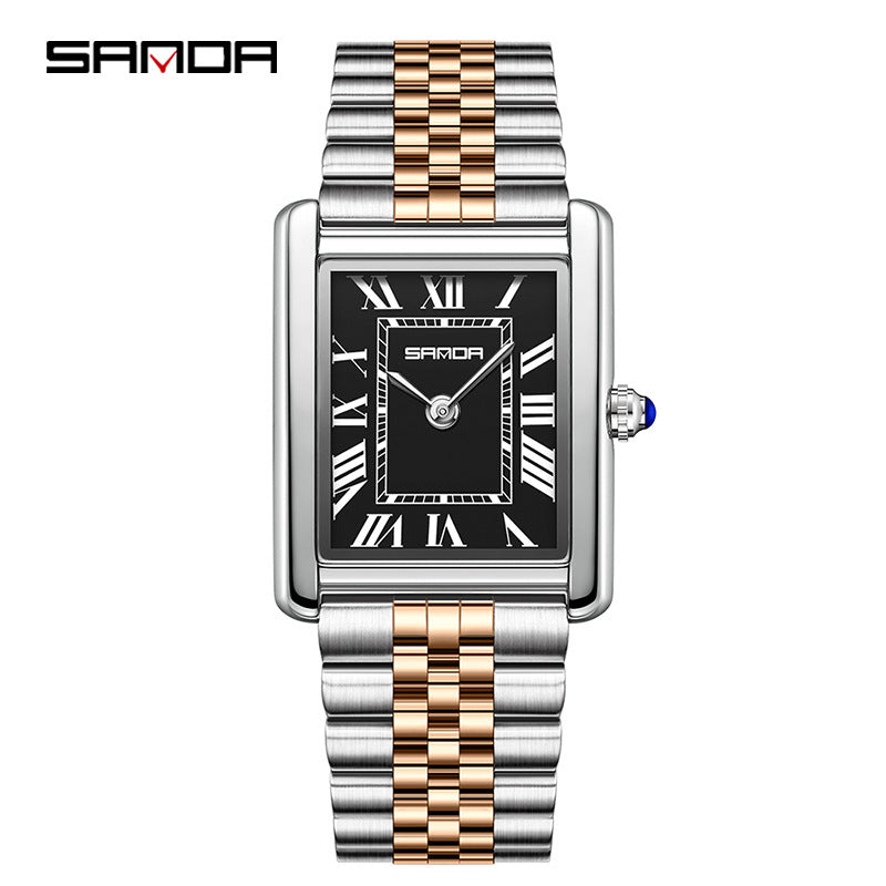SANDA Fashion Square Roman Numerals Couple Quartz Watch Waterproof Wristwatch for Men and Women