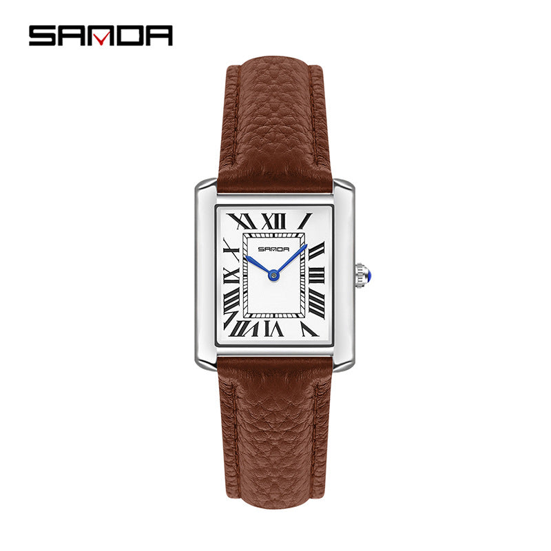 SANDA Fashion Square Roman Numerals Couple Quartz Watch Waterproof Wristwatch for Men and Women