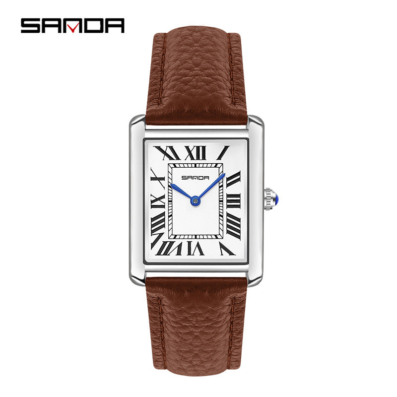 SANDA Fashion Square Roman Numerals Couple Quartz Watch Waterproof Wristwatch for Men and Women