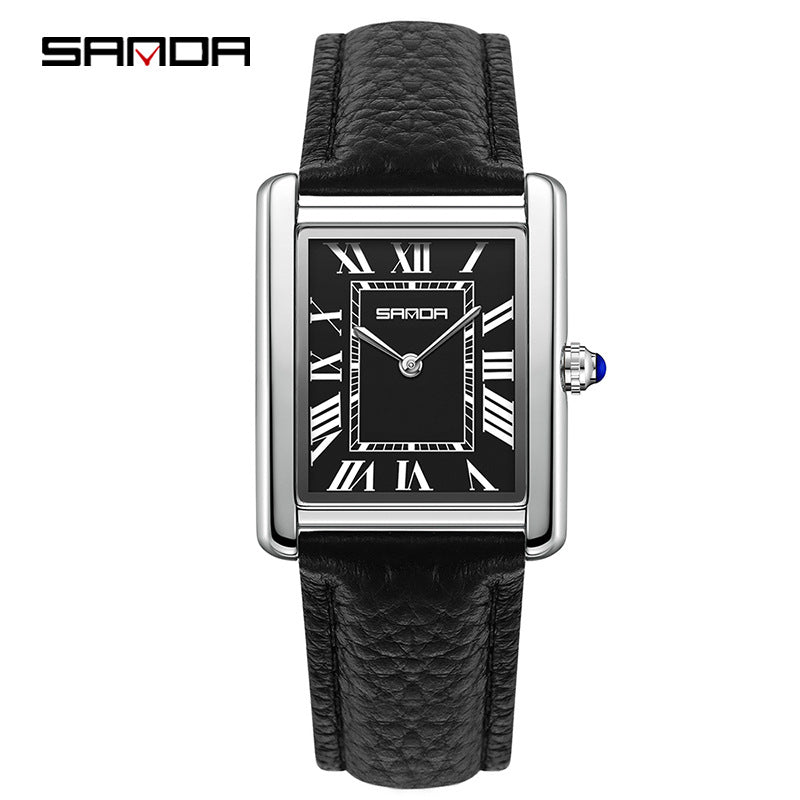 SANDA Fashion Square Roman Numerals Couple Quartz Watch Waterproof Wristwatch for Men and Women