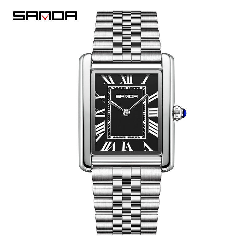 SANDA Fashion Square Roman Numerals Couple Quartz Watch Waterproof Wristwatch for Men and Women